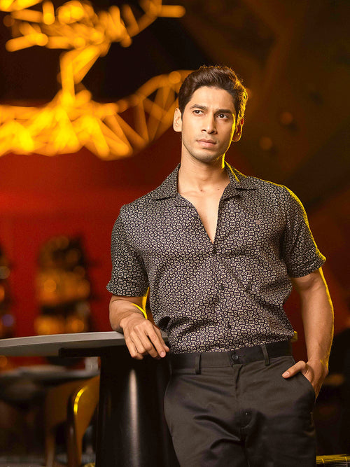 Mocha Brown Geometric Printed Casual Shirt