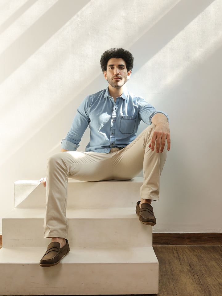 Sky Blue Casual Denim Solid Shirt