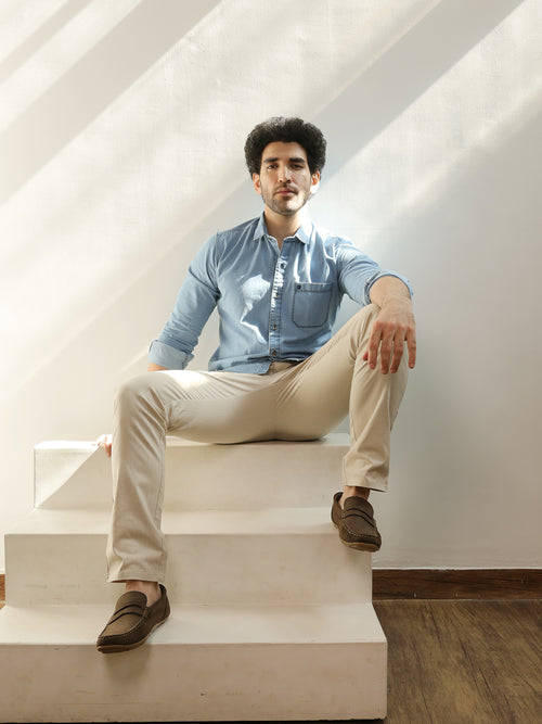 Sky Blue Casual Denim Solid Shirt