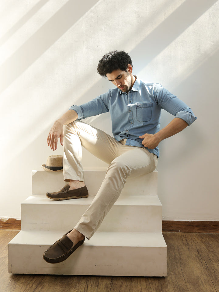 Sky Blue Casual Denim Solid Shirt