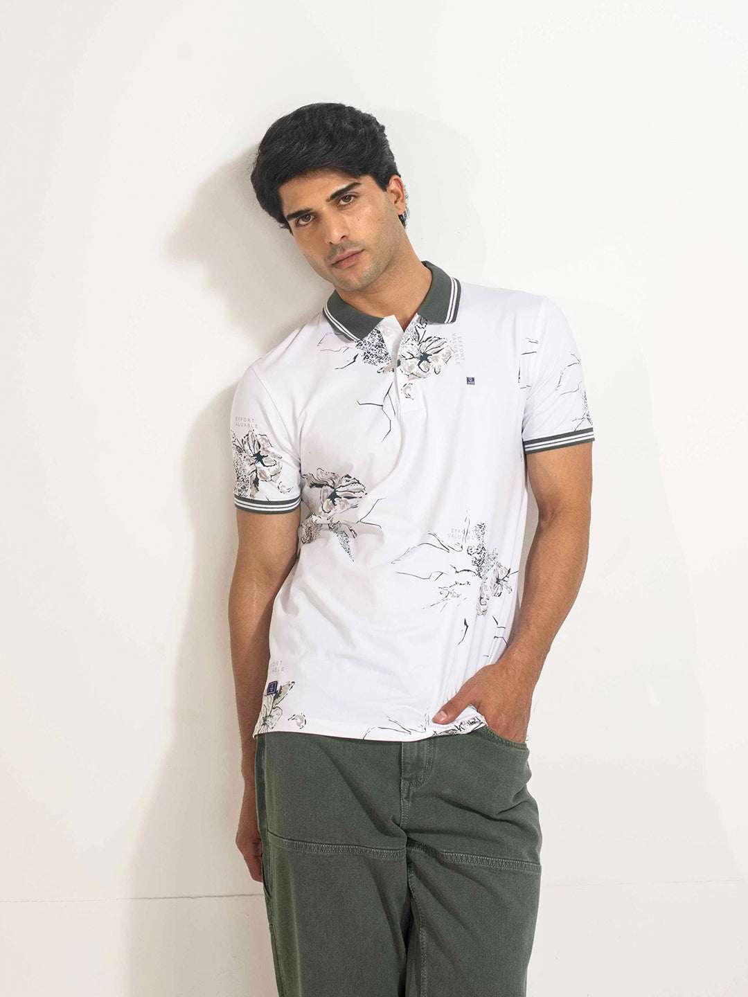 Green Floral Printed Polo T Shirt