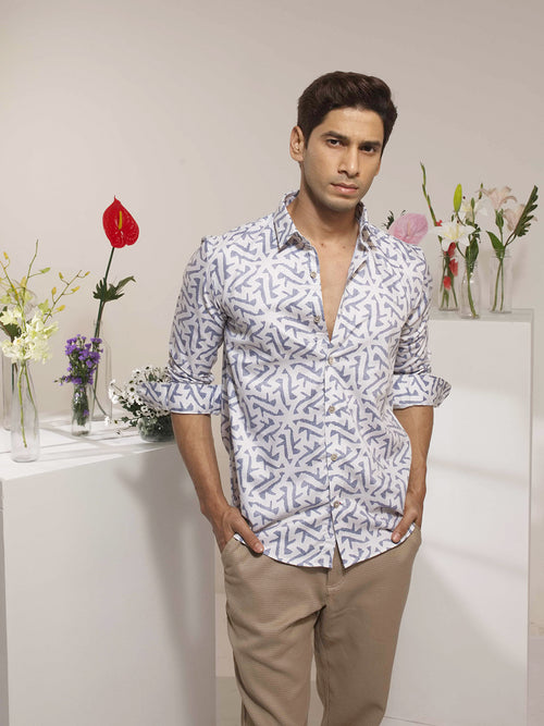 Blue Geometic Printed Casual Shirt