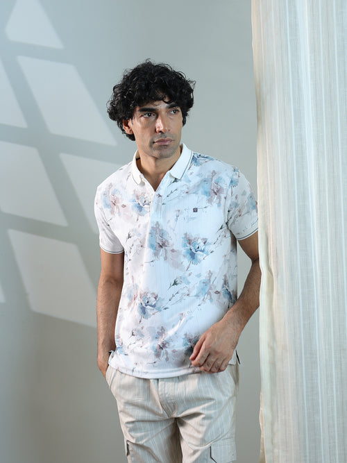 White Floral Printed Polo T Shirt