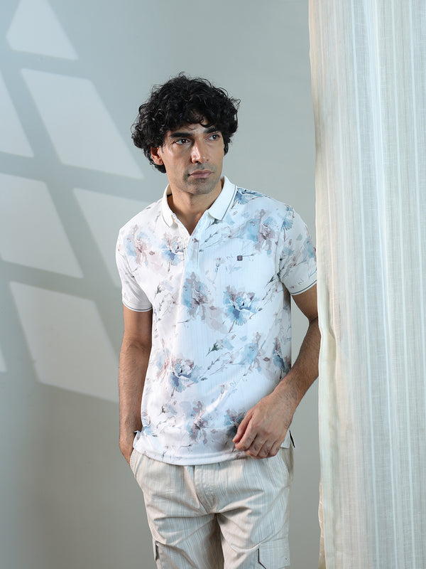 White Floral Printed Polo T Shirt