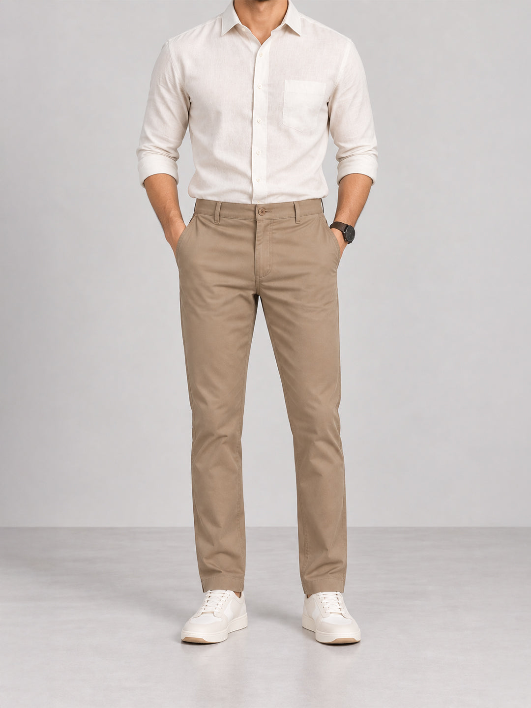 Warm Khaki Solid Casual Trousers