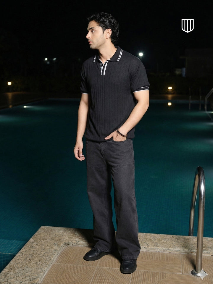Black Textured Vertical Stripes Polo T Shirt