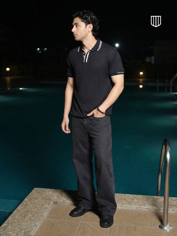 Black Textured Vertical Stripes Polo T Shirt