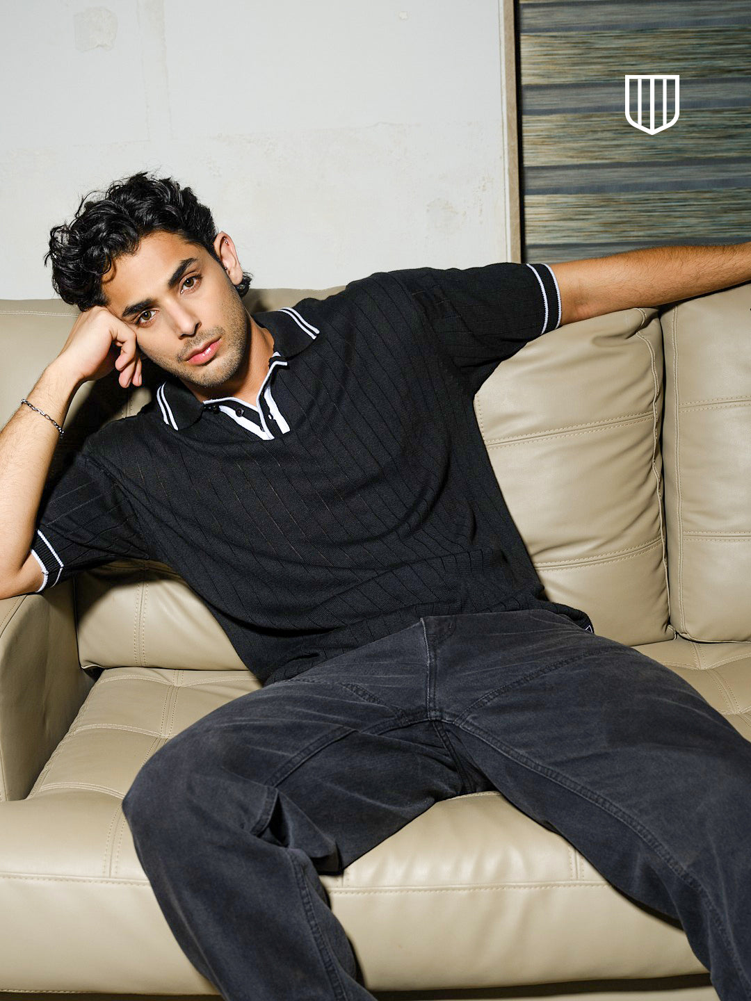 Black Textured Vertical Stripes Polo T Shirt