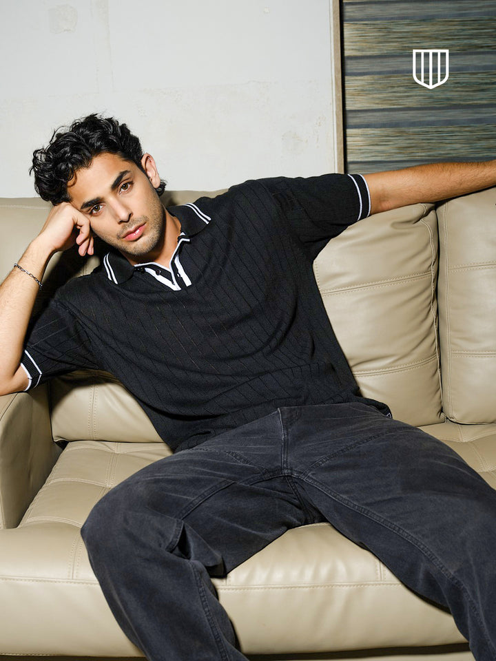 Black Textured Vertical Stripes Polo T Shirt