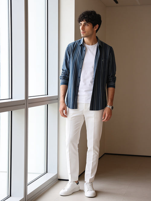 Blue Steel Vertical Stripes Casual Shirt