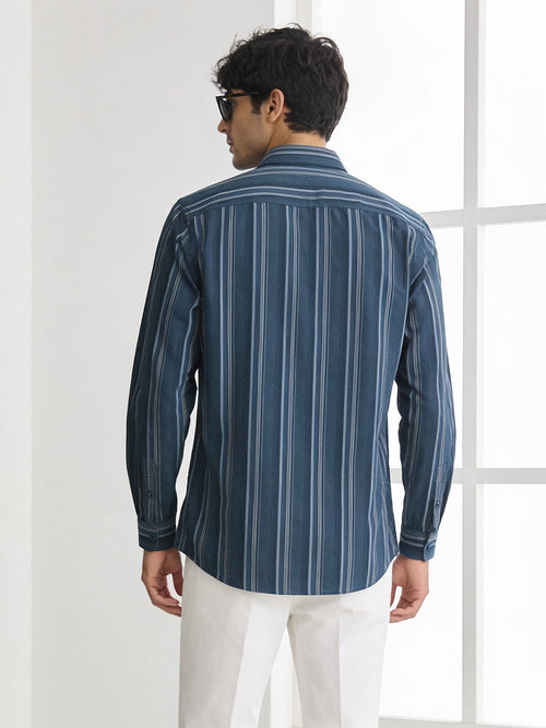 Blue Steel Vertical Stripes Casual Shirt