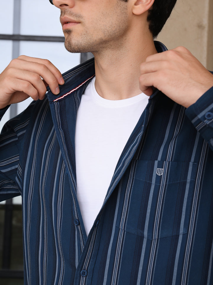 Blue Steel Vertical Stripes Casual Shirt