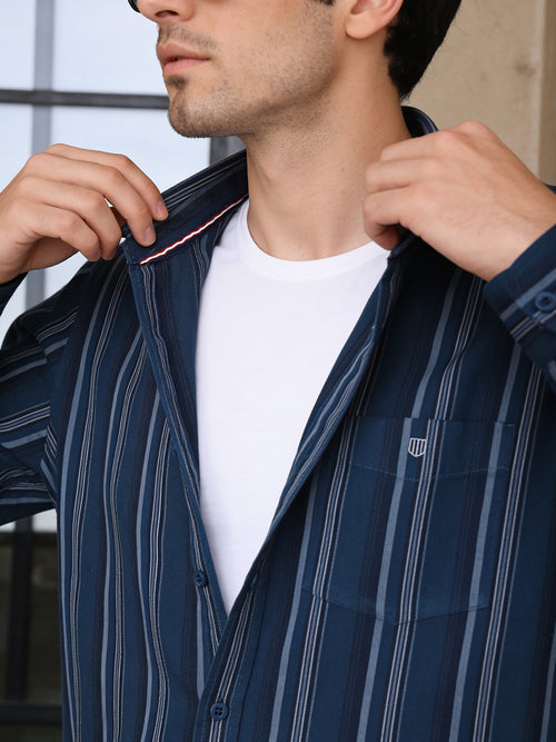 Blue Steel Vertical Stripes Casual Shirt