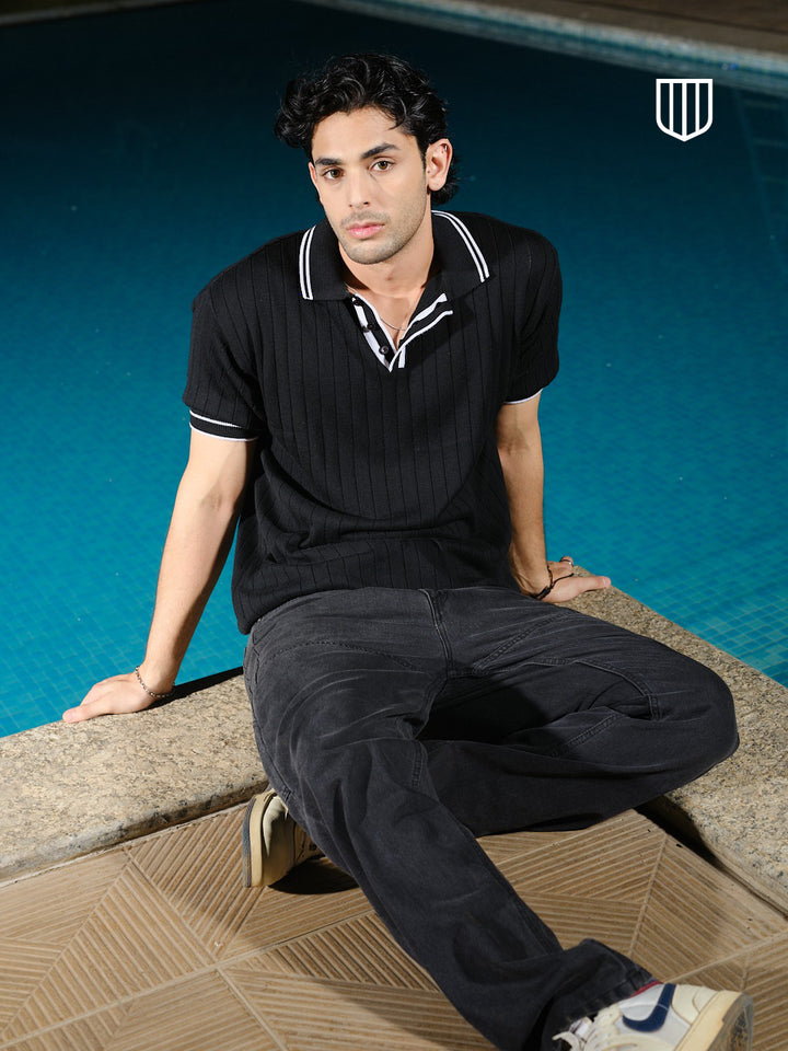 Black Textured Vertical Stripes Polo T Shirt