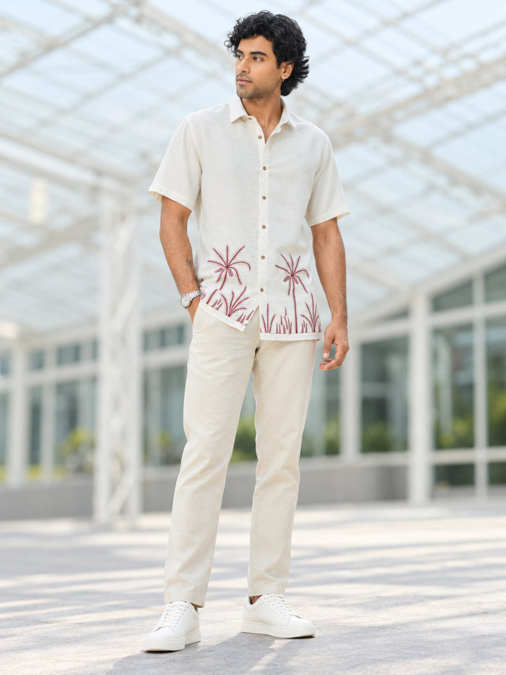 Light Beige and Maroon Palm Tree Printed Urban Casual Shirt