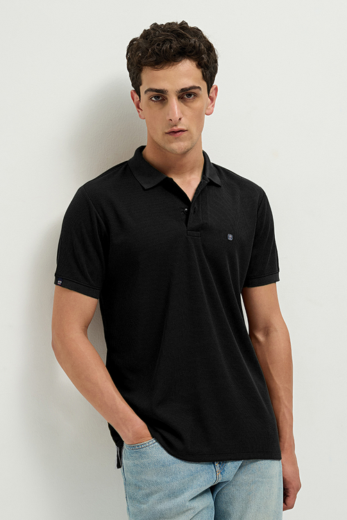 Otto Essentials Men’s Wando Waffle Knit Black Polo T-Shirt