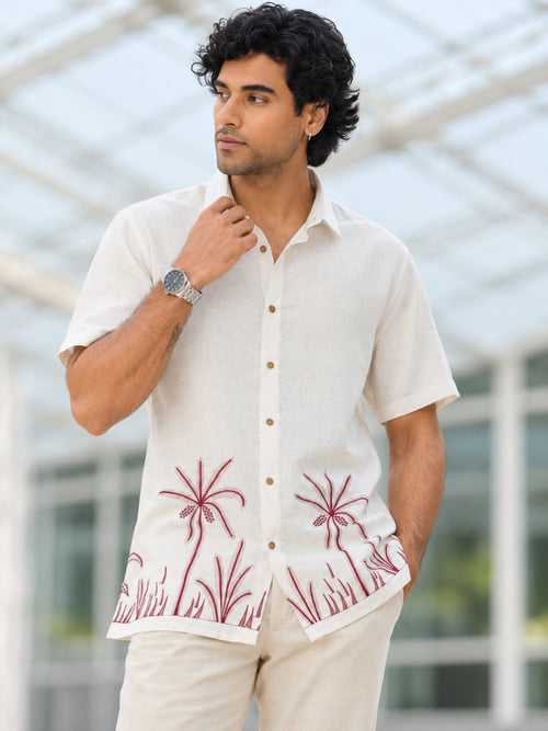 Light Beige and Maroon Palm Tree Printed Urban Casual Shirt