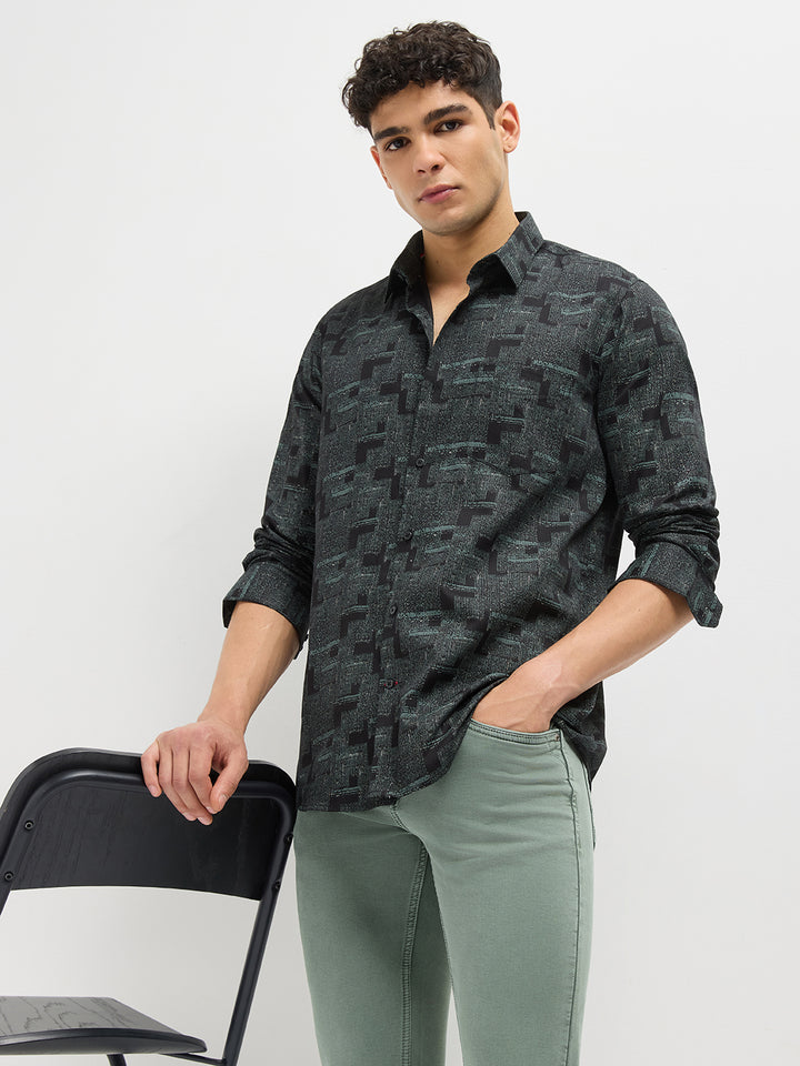 Black Geometric Printed Casual Shirt