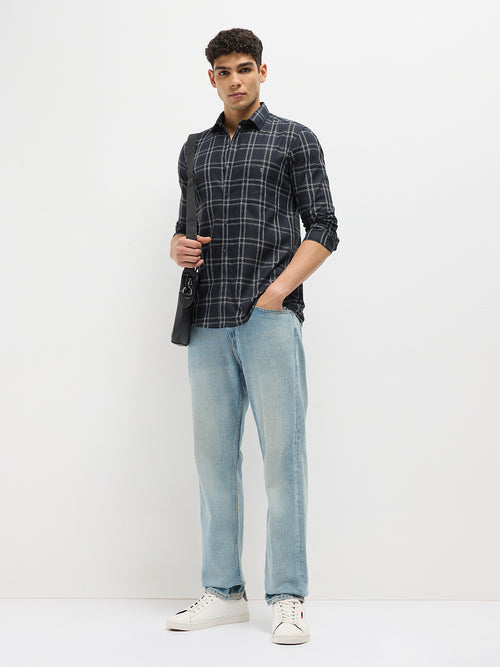 Navy Blue Checked Casual Shirt