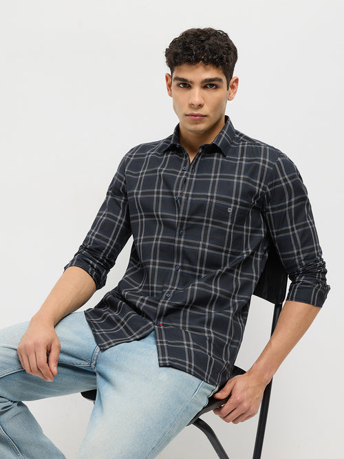 Navy Blue Checked Casual Shirt