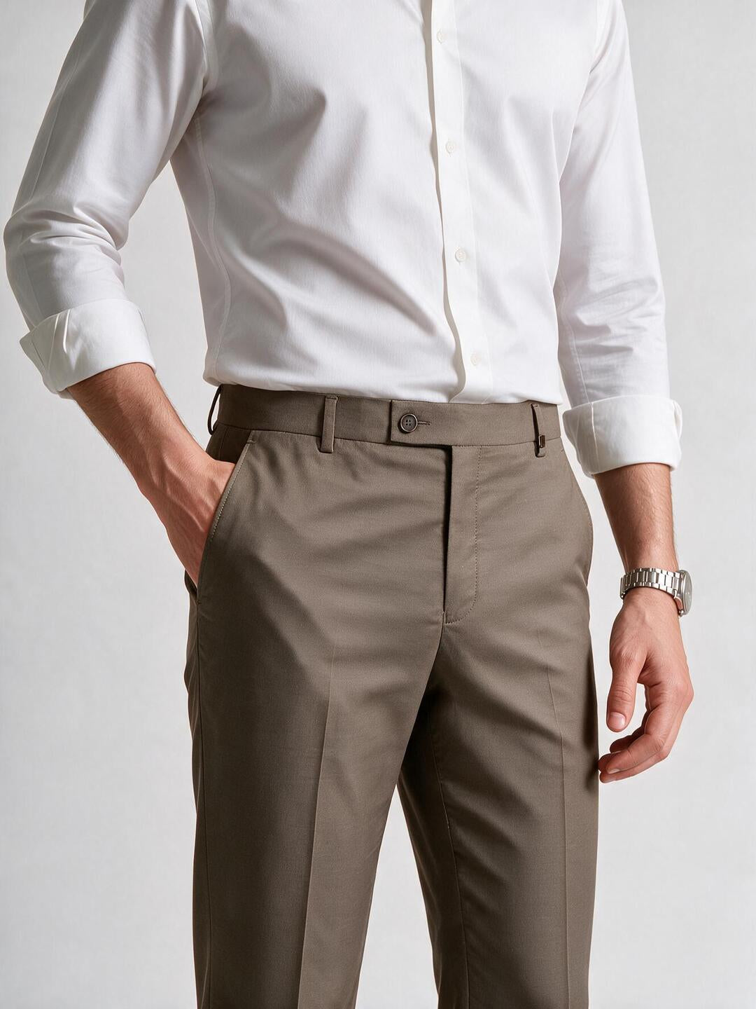 Taupe Brown Solid Formal Trousers