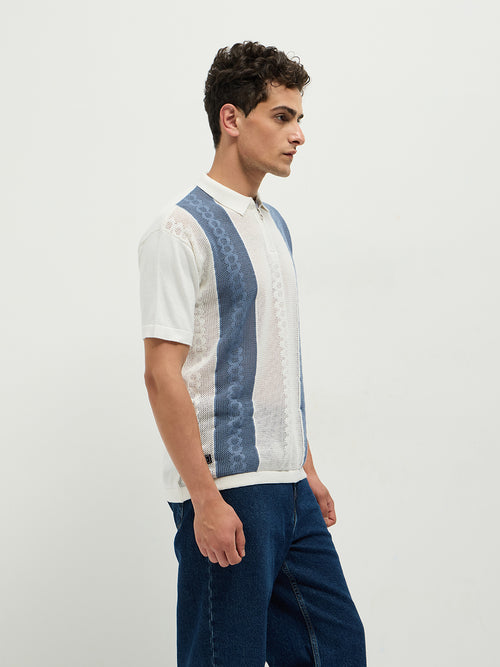 Blue Zipper Stripes Polo T Shirt