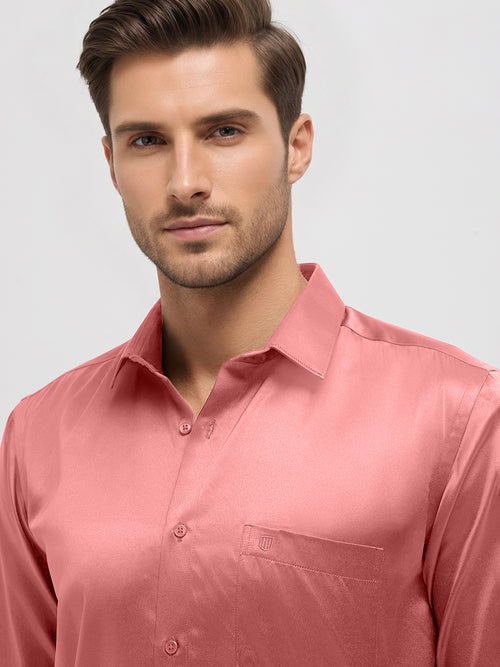 Coral Peach Solid Satin Formal Shirt