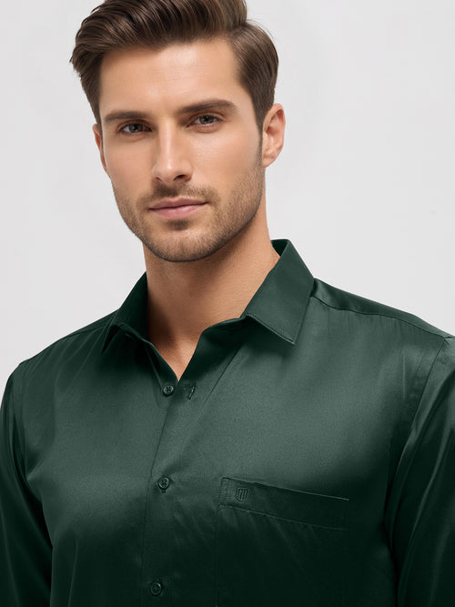Dark Green Solid Satin Formal Shirt