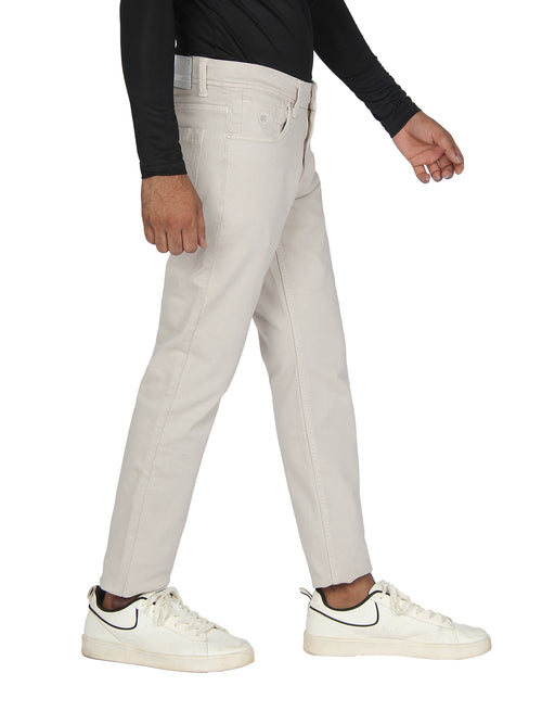 Cream Denim Cotton Stretch Solid Trousers