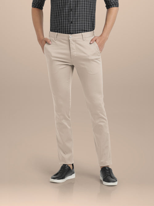 Beige Cotton Solid Trousers