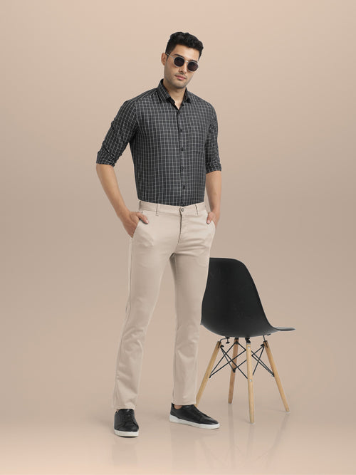 Beige Cotton Solid Trousers