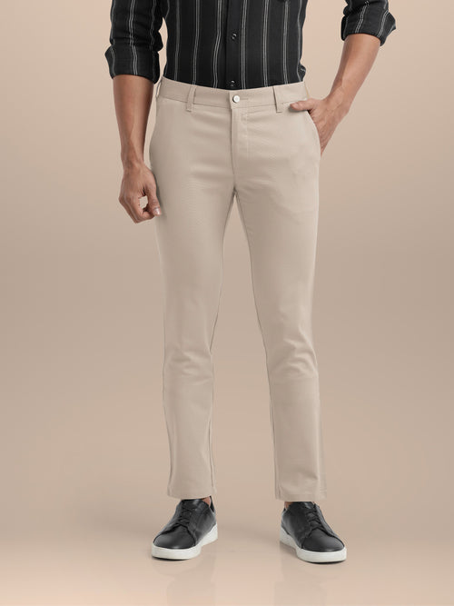 Beige Cotton Solid Trousers