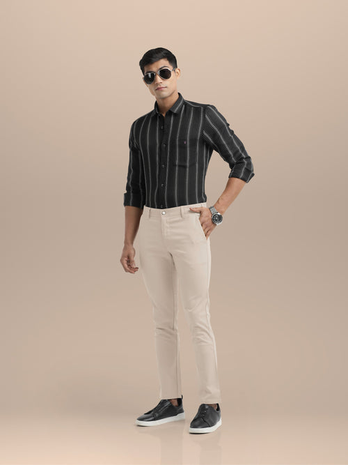Beige Cotton Solid Trousers