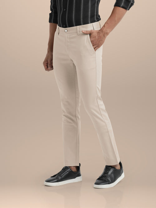 Beige Cotton Solid Trousers