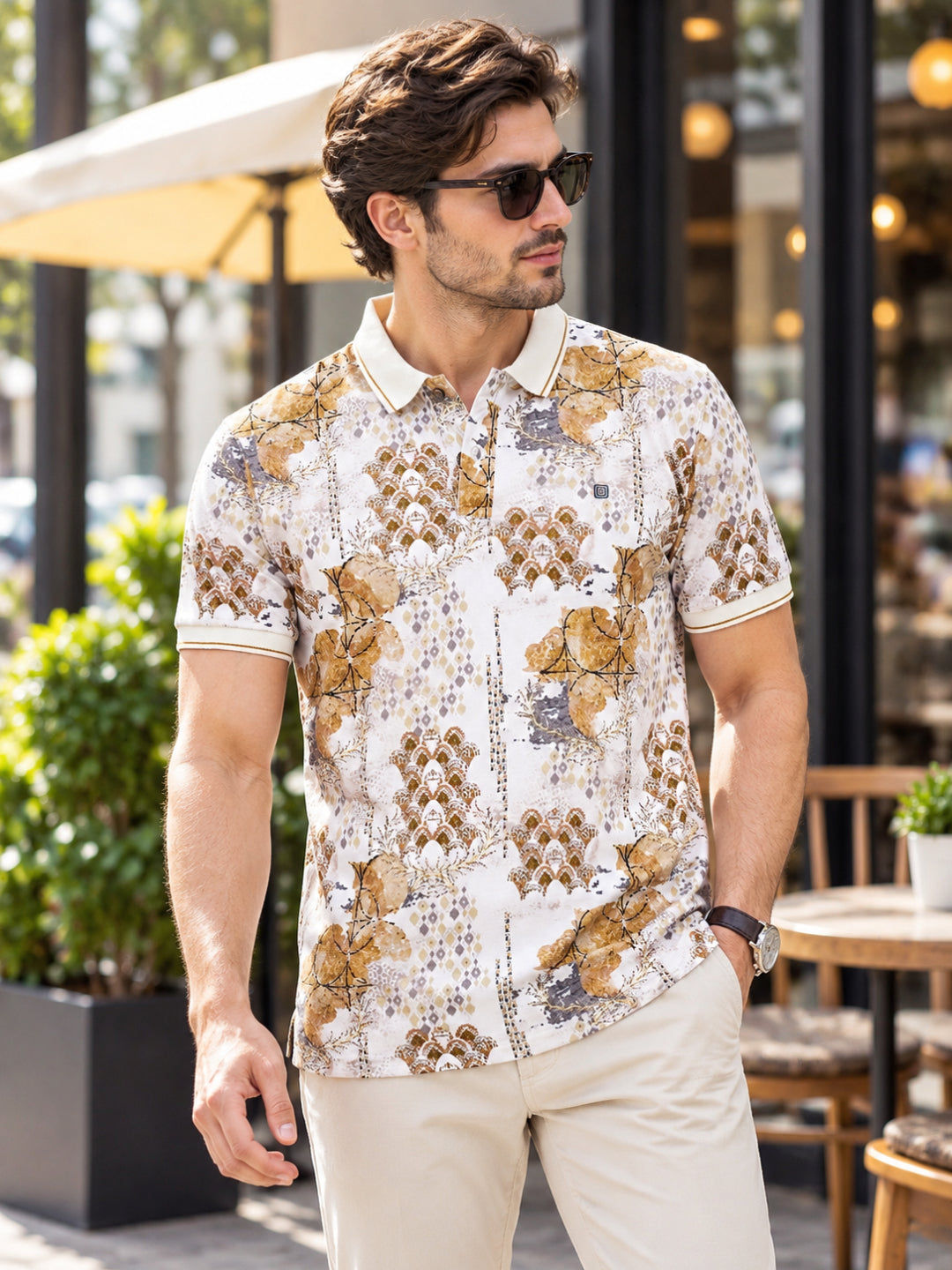 Beige Printed Polo T Shirt