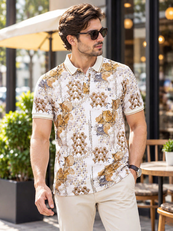 Beige Printed Polo T Shirt