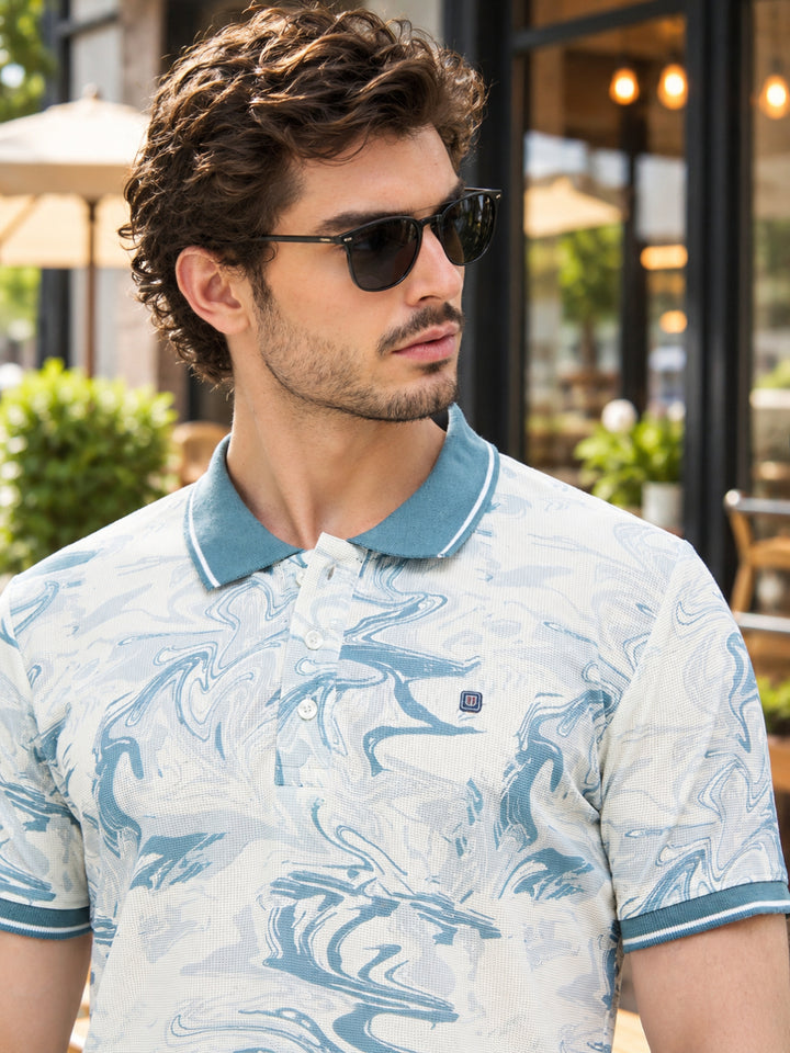 Teal Blue and White Printed Polo T Shirt