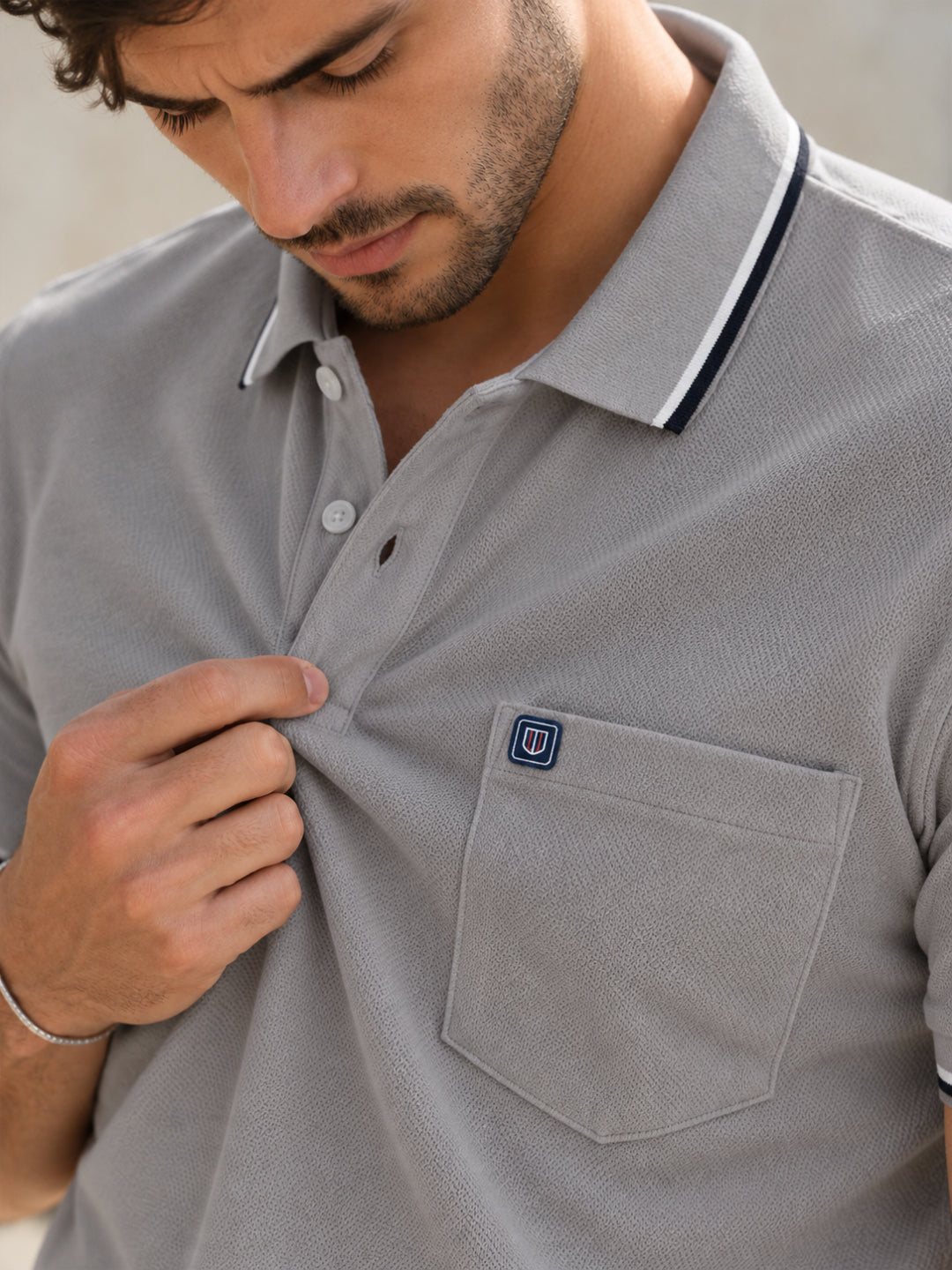 Charcoal Grey Textured Plain Polo T Shirt