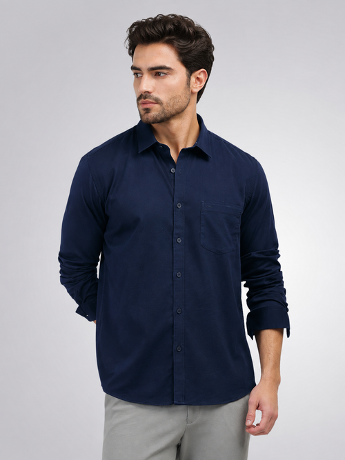 Navy Blue Satin Solid Casual Shirt