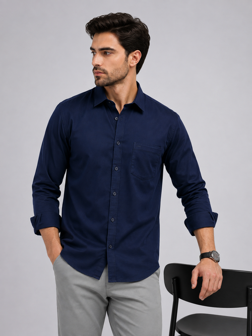 Navy Blue Satin Solid Casual Shirt