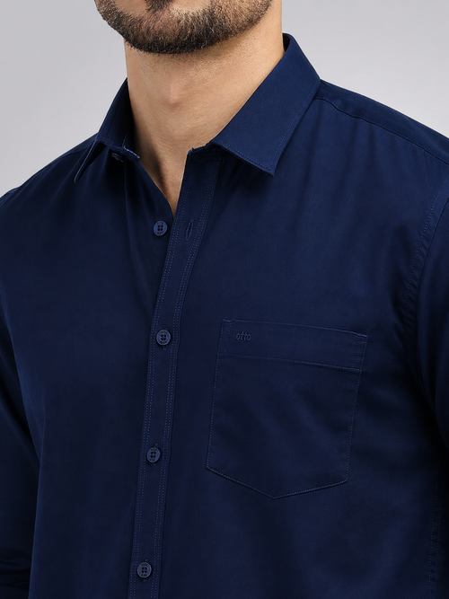 Navy Blue Satin Solid Casual Shirt