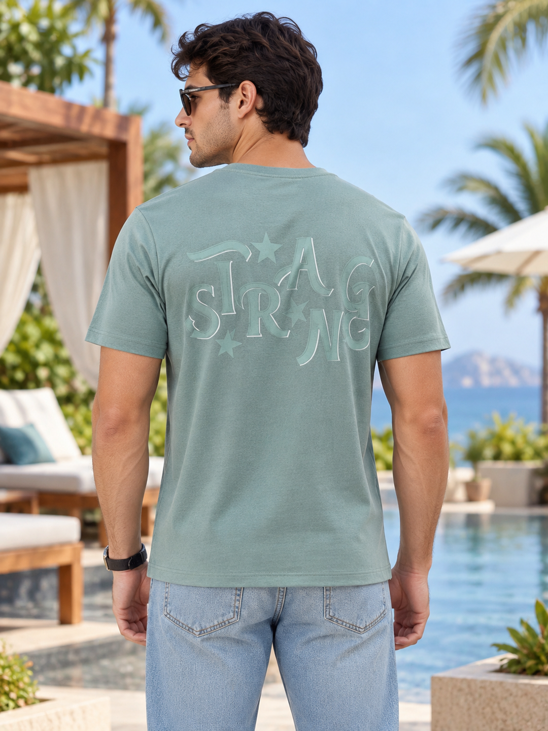 Sage Green Printed Crew Neck T Shirt