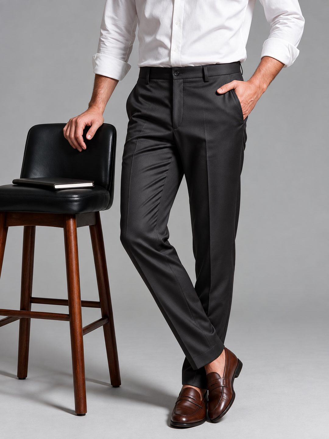 Matte Black Solid Formal Trousers