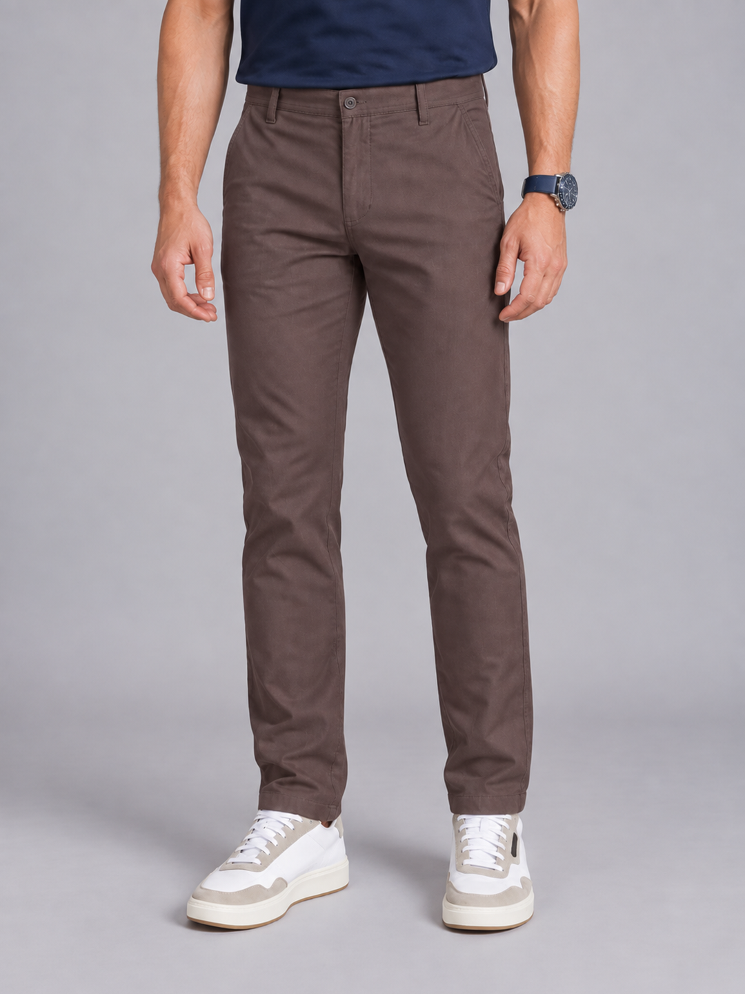 Dusty Brown Grey Solid Casual Trousers
