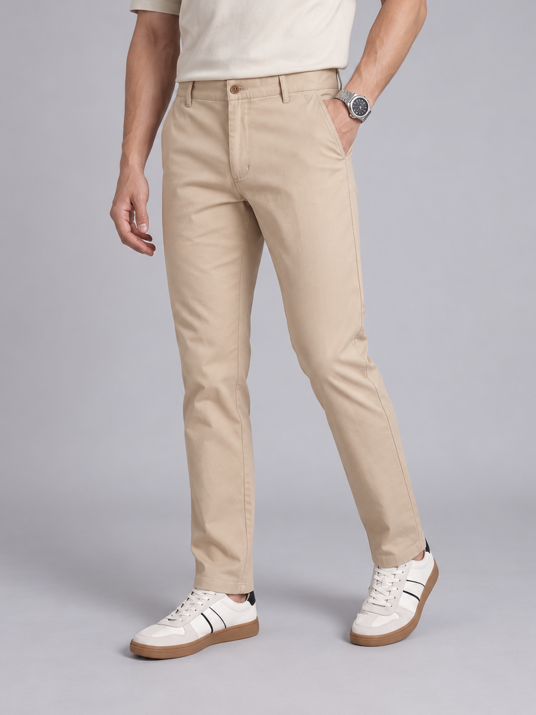 Peach Beige Solid Casual Trousers