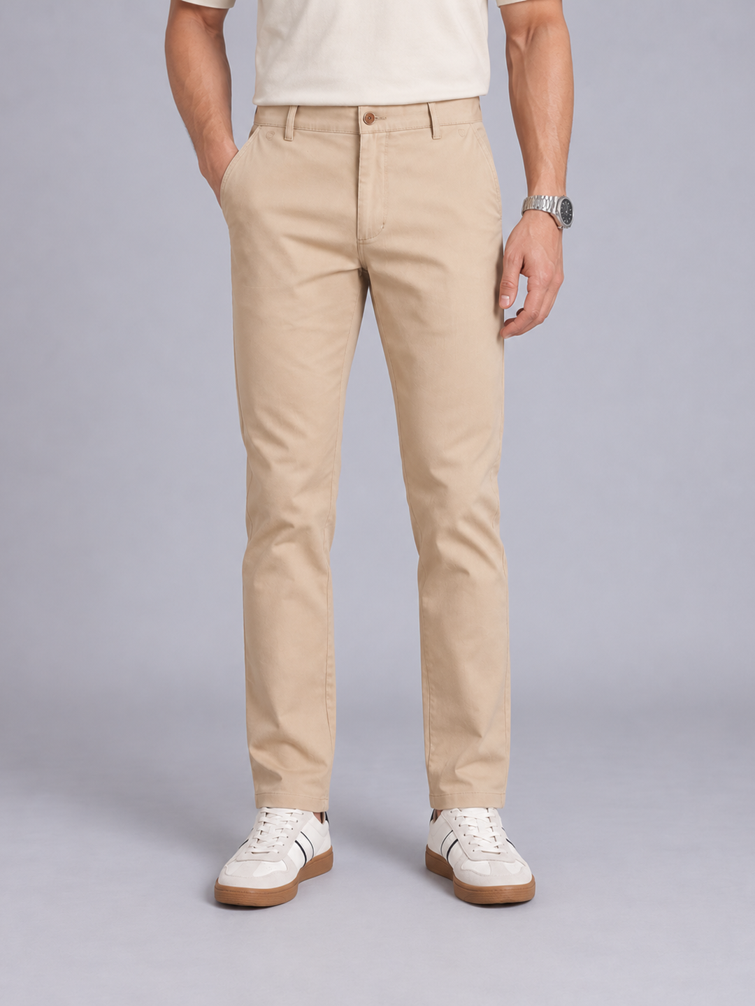 Peach Beige Solid Casual Trousers