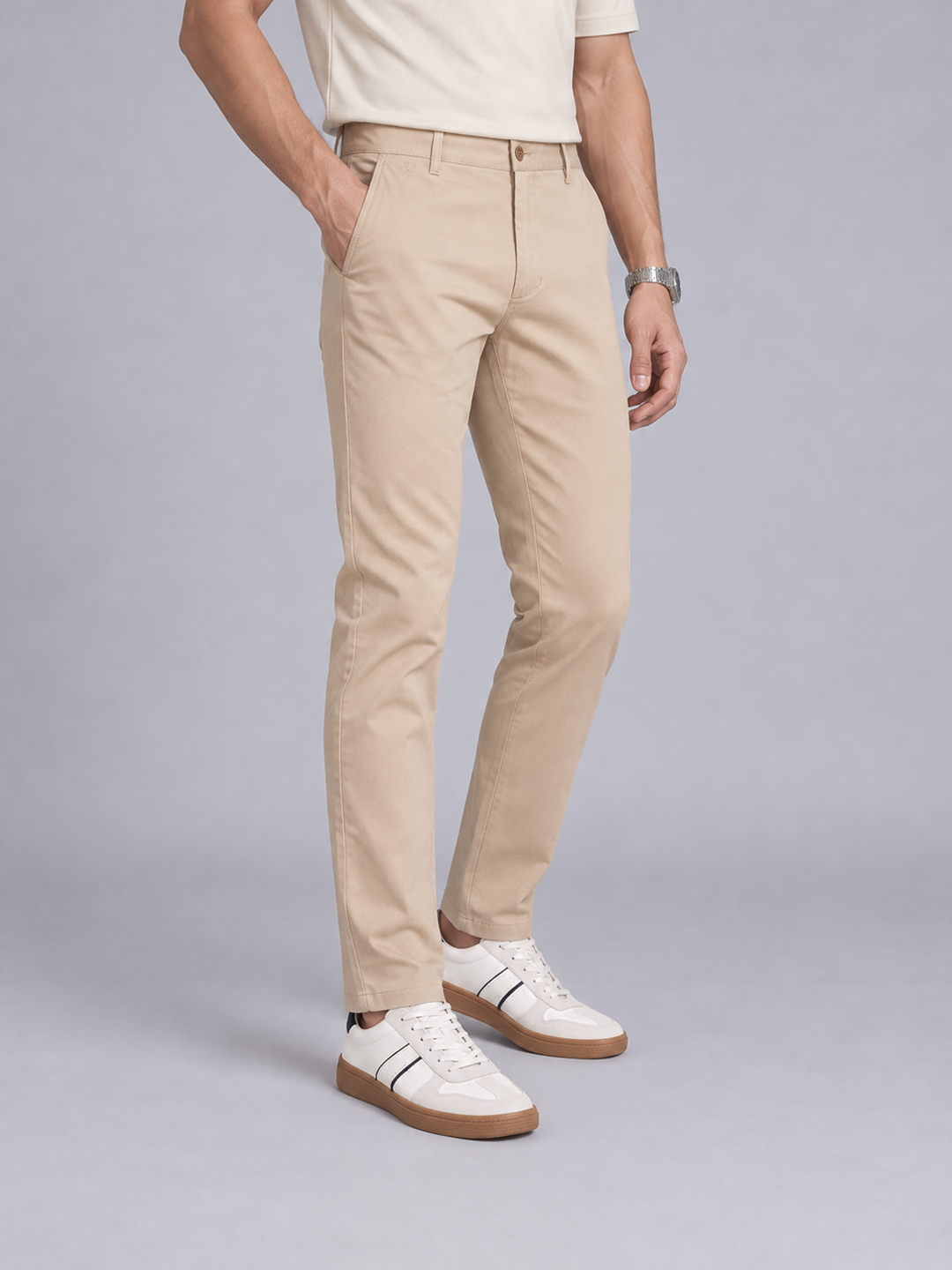 Peach Beige Solid Casual Trousers
