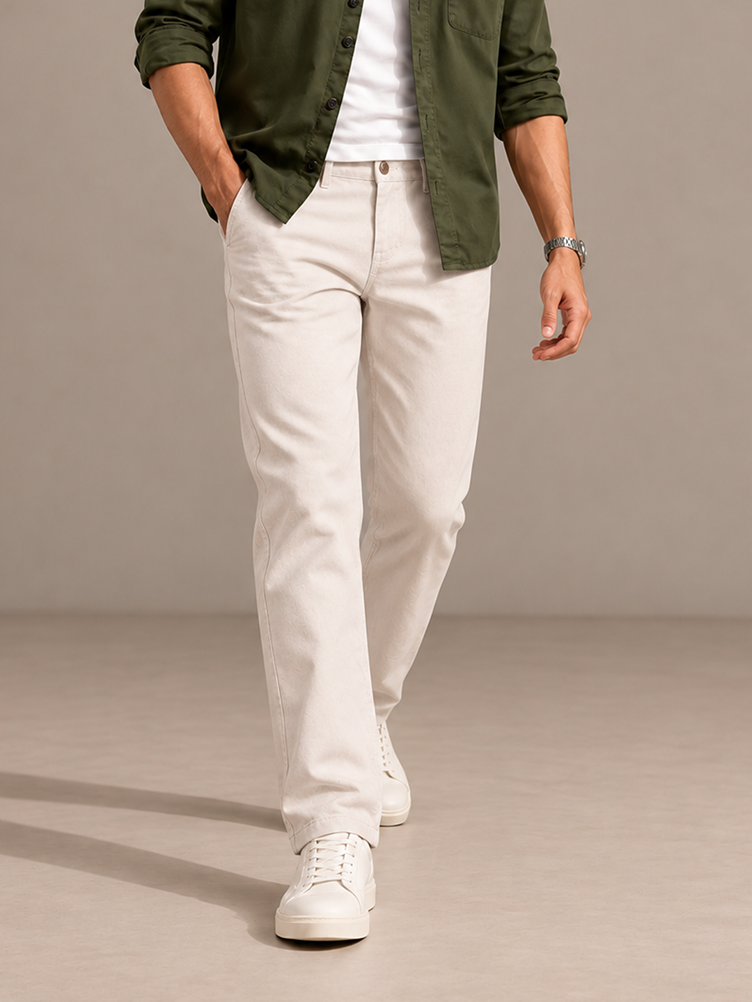 Pale Stone Solid Casual Trousers