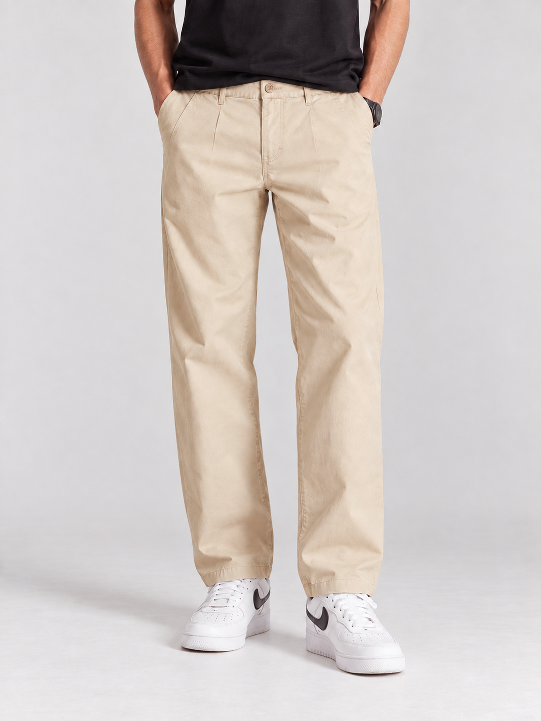 Pale Beige Solid Casual Trousers