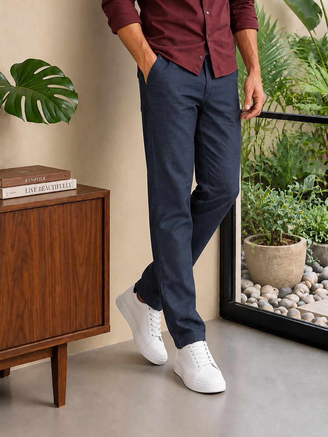 Ocean Navy Solid Casual Trousers